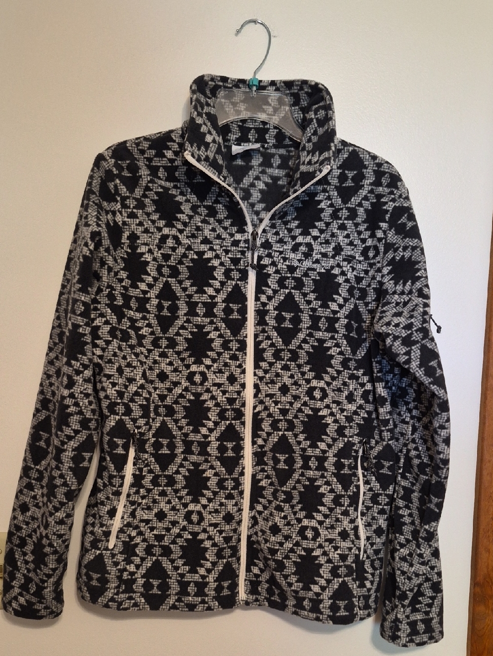 Columbia Black & Gray Aztec Pattern Zip-Up Fleece Jacket Sz L